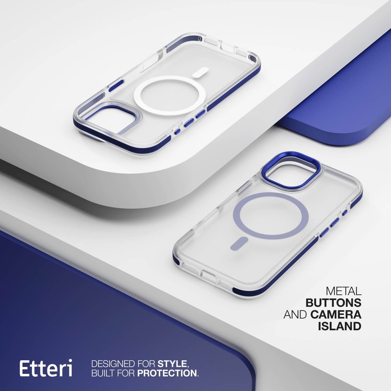Husa Etteri Icy Mag pentru iPhone 17, Carcasa magnetica, protectie telefonica, marginile antiderapante, buton metalic, TPU (poliuretan termoplastic), PC, Albastru
