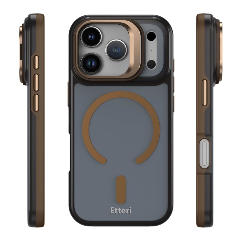 Husa Etteri Morning Fog pentru iPhone 15 Pro, Carcasa magnetica, functia de suport, buton metalic, PC, TPU (poliuretan termoplastic), Maro