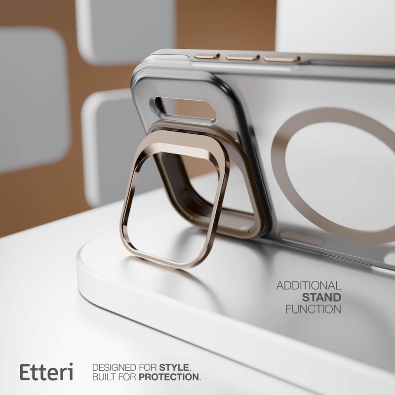 Husa Etteri Morning Fog pentru iPhone 15 Pro, Carcasa magnetica, functia de suport, buton metalic, PC, TPU (poliuretan termoplastic), Maro