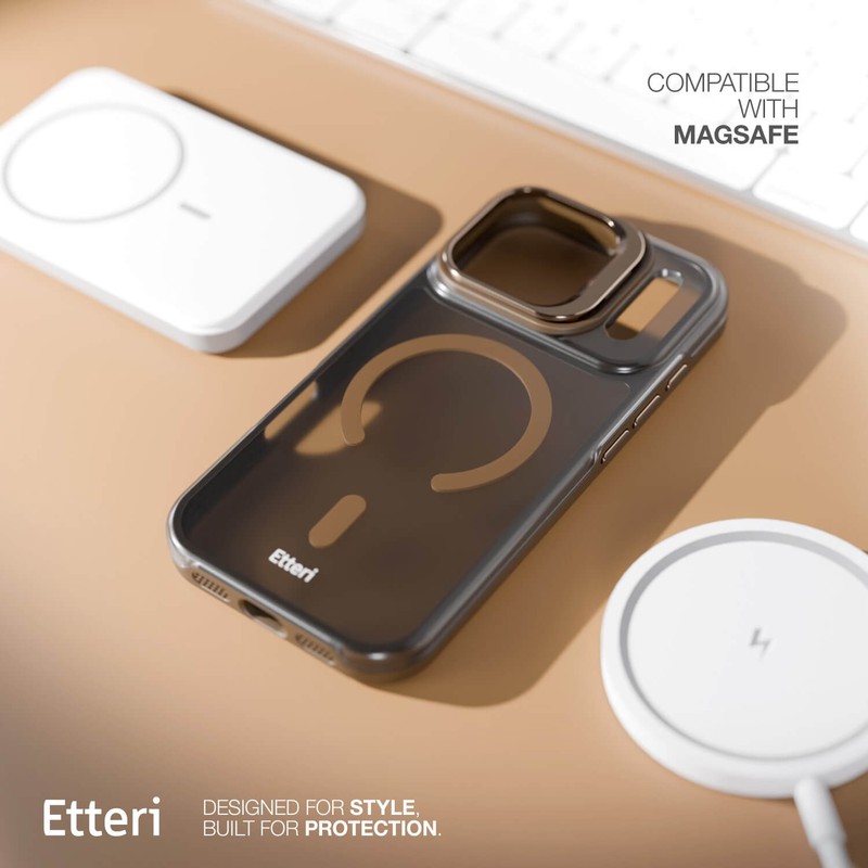 Husa Etteri Morning Fog pentru iPhone 16 Pro Max, Carcasa magnetica, functia de suport, buton metalic, PC, TPU (poliuretan termoplastic), Maro