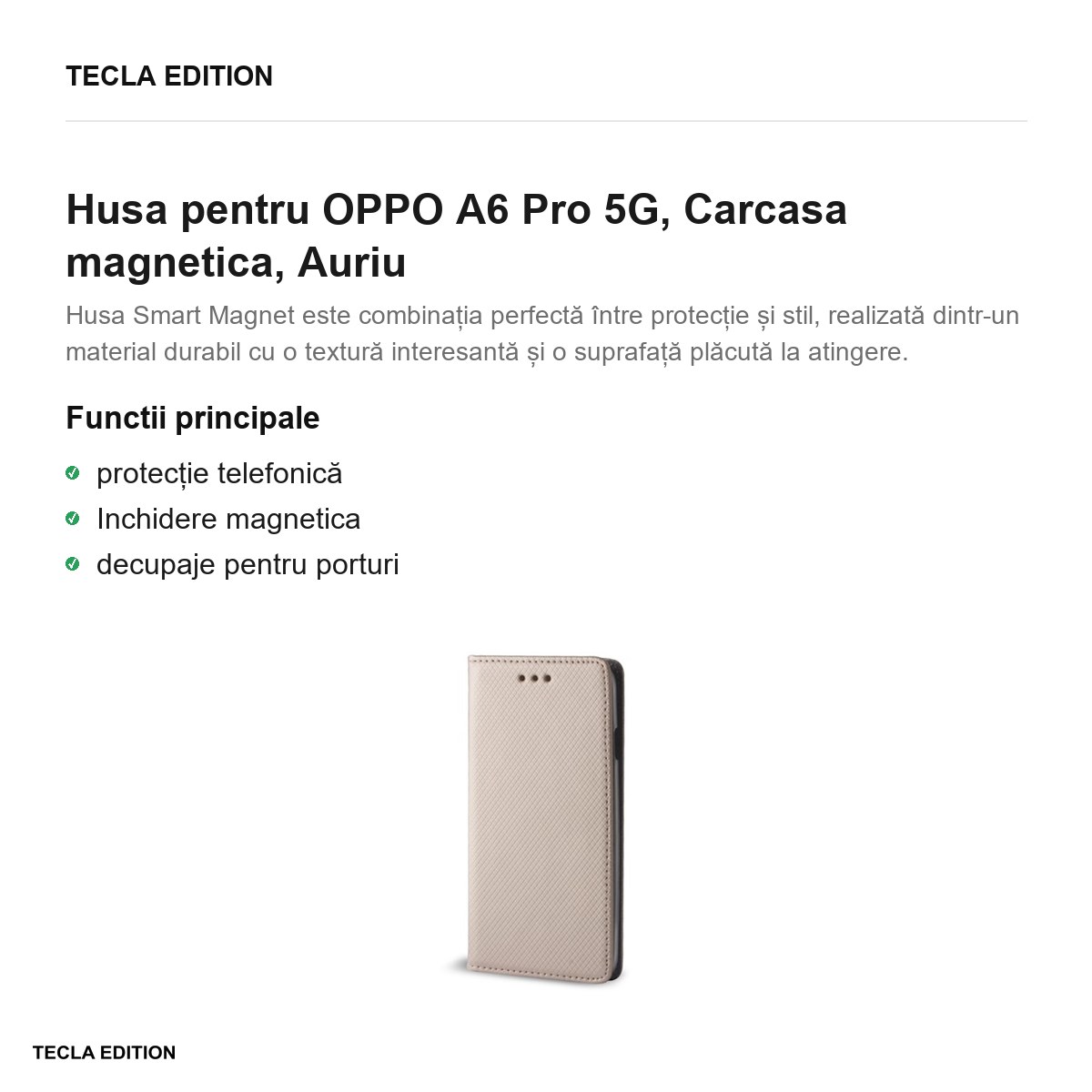 Husa Smart Magnet pentru OPPO A6 Pro 5G, tip carte cu inchidere magnetica, Auriu [1]