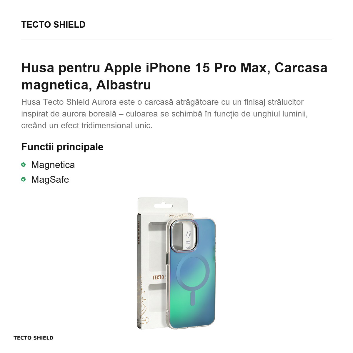 Husa Tecto Shield Aurora pentru Apple iPhone 15 Pro Max, Carcasa magnetica, Albastru [1]