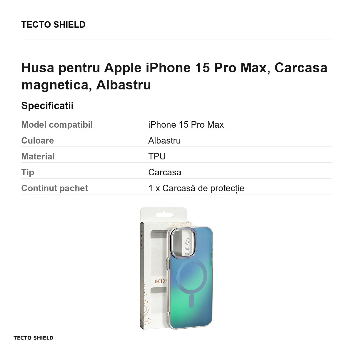 Husa Tecto Shield Aurora pentru Apple iPhone 15 Pro Max, Carcasa magnetica, Albastru [2]