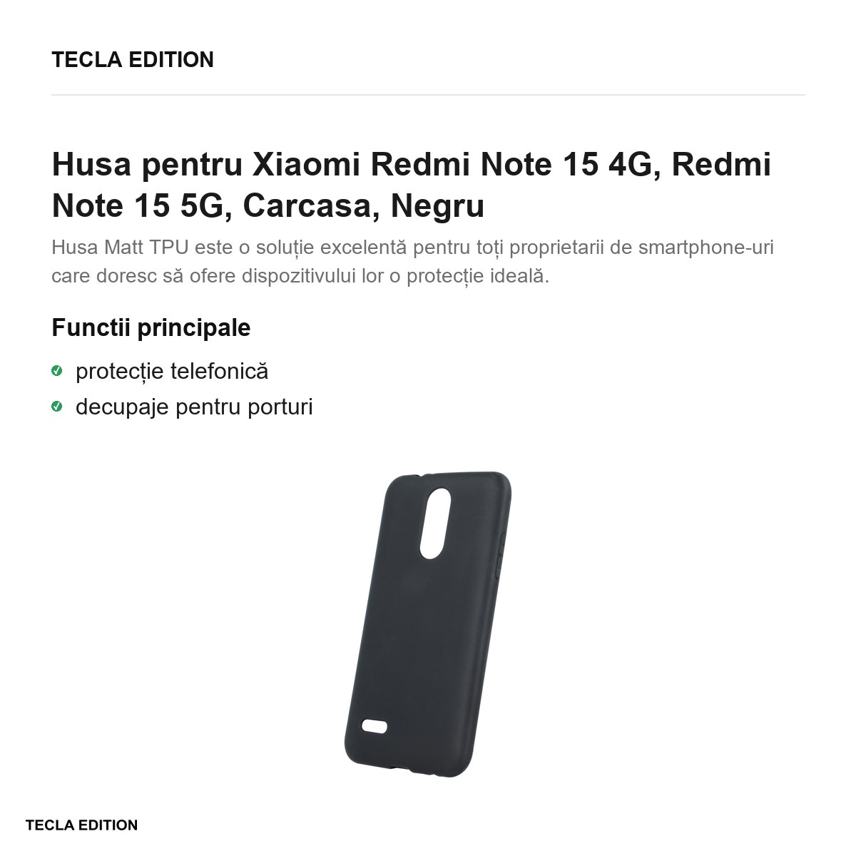 Husa Matt TPU pentru Xiaomi Redmi Note 15 4G, Redmi Note 15 5G, Carcasa, Negru [1]