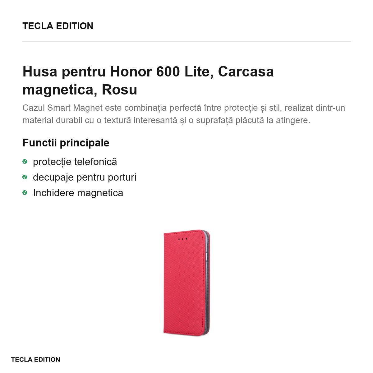 Husa Smart Magnet pentru Honor 600 Lite, tip carte cu inchidere magnetica, Rosu [1]