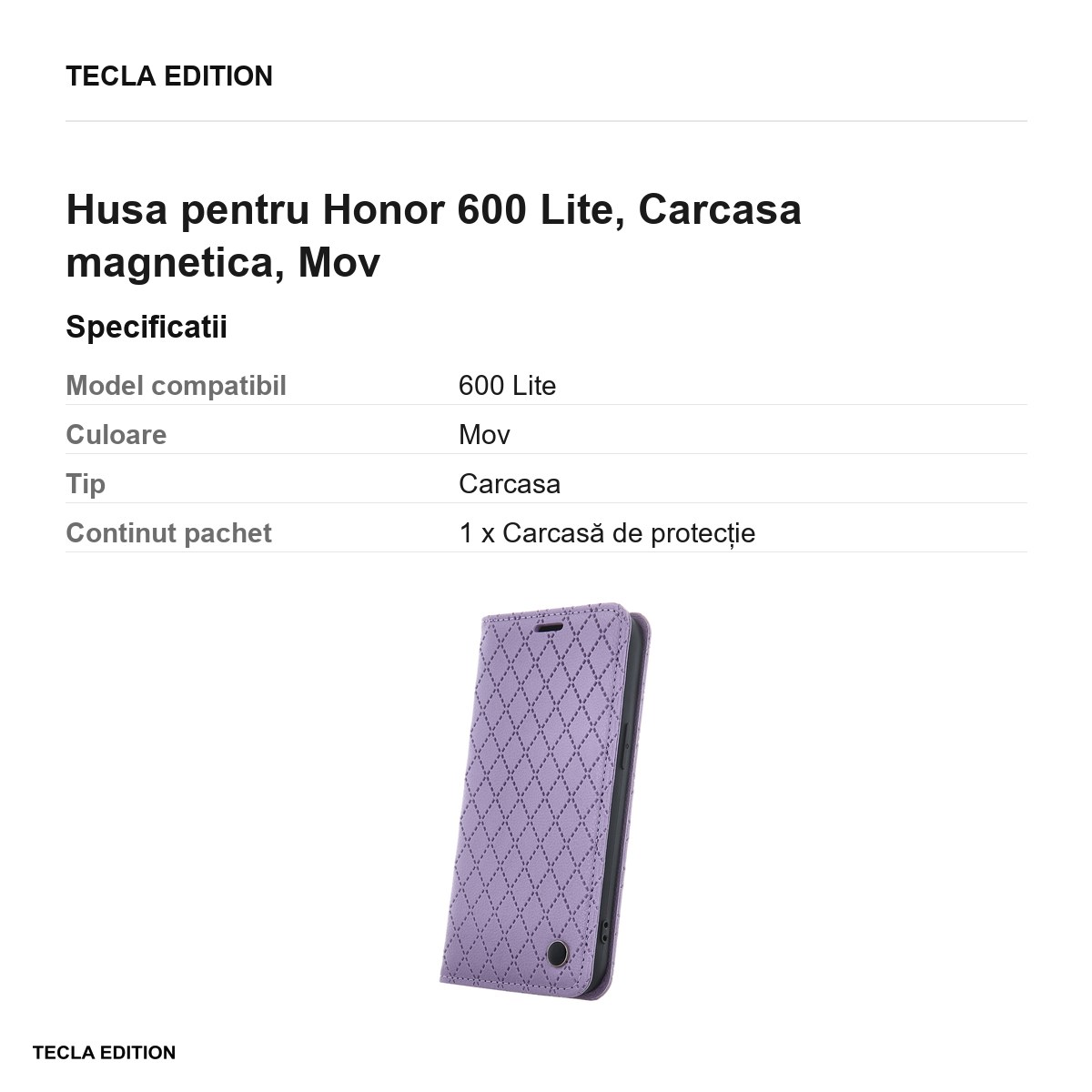 Husa Smart Caro pentru Honor 600 Lite, tip carte cu inchidere magnetica, Mov [2]