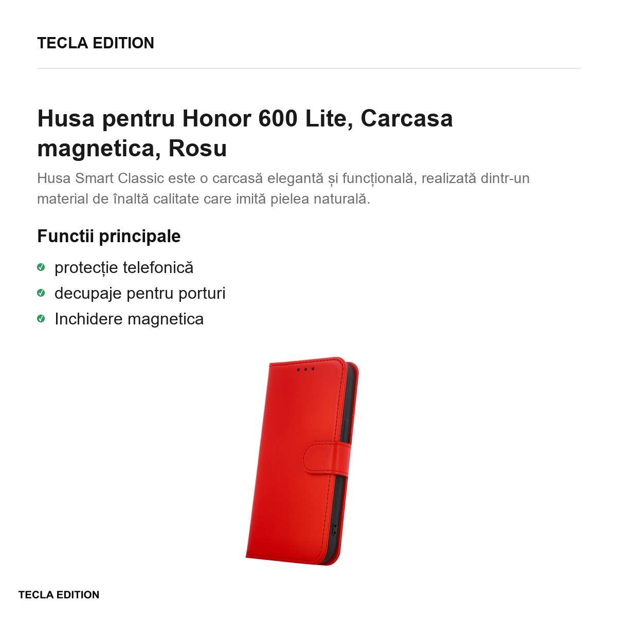 Husa Smart Classic pentru Honor 600 Lite, tip carte cu inchidere magnetica, Rosu [1]
