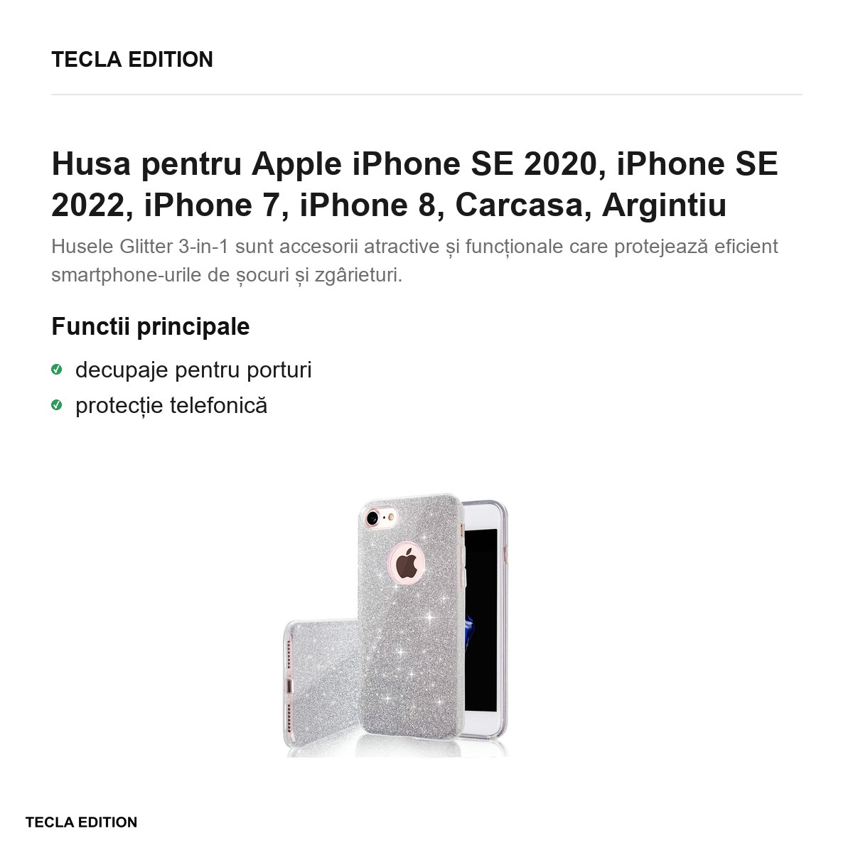 Husa Glitter 3in1 pentru Apple iPhone SE 2020, iPhone SE 2022, iPhone 7, iPhone 8, Carcasa, Argintiu [1]