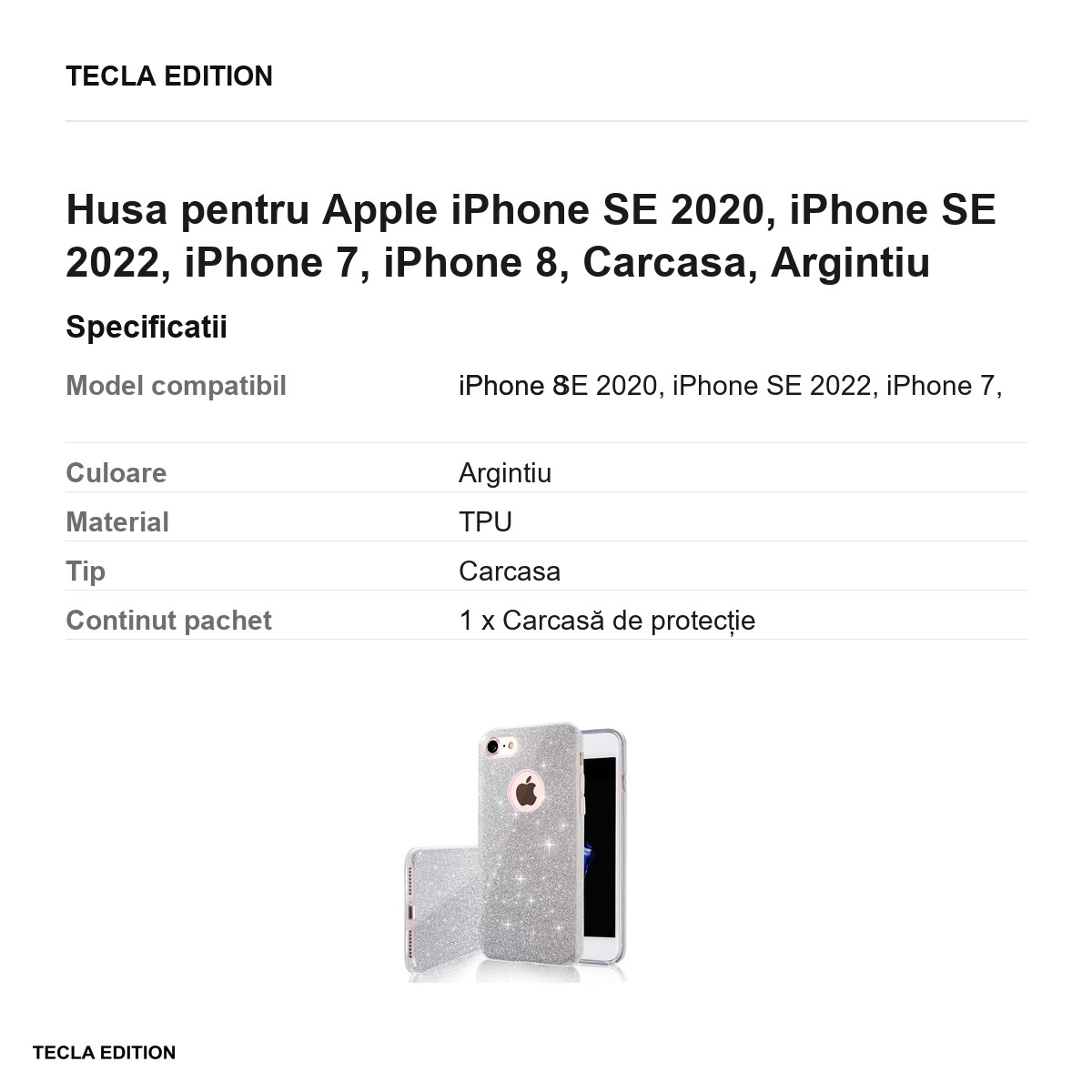 Husa Glitter 3in1 pentru Apple iPhone SE 2020, iPhone SE 2022, iPhone 7, iPhone 8, Carcasa, Argintiu [2]