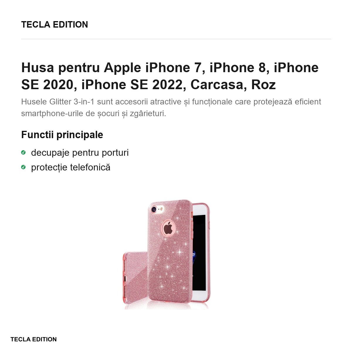Husa Glitter 3in1 pentru Apple iPhone 7, iPhone 8, iPhone SE 2020, iPhone SE 2022, Carcasa, Roz [1]