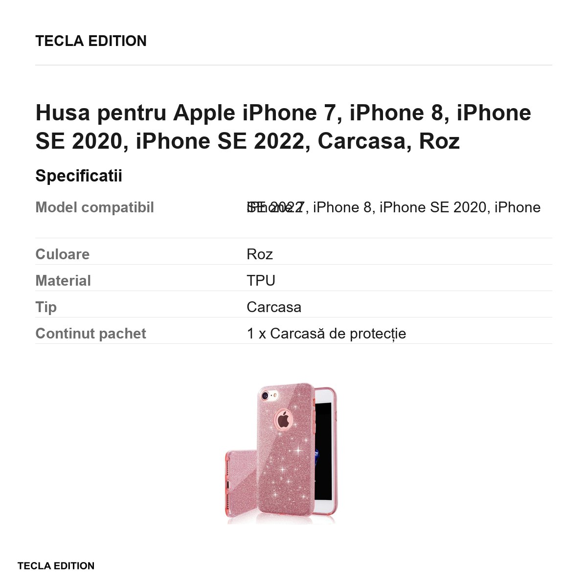 Husa Glitter 3in1 pentru Apple iPhone 7, iPhone 8, iPhone SE 2020, iPhone SE 2022, Carcasa, Roz [2]