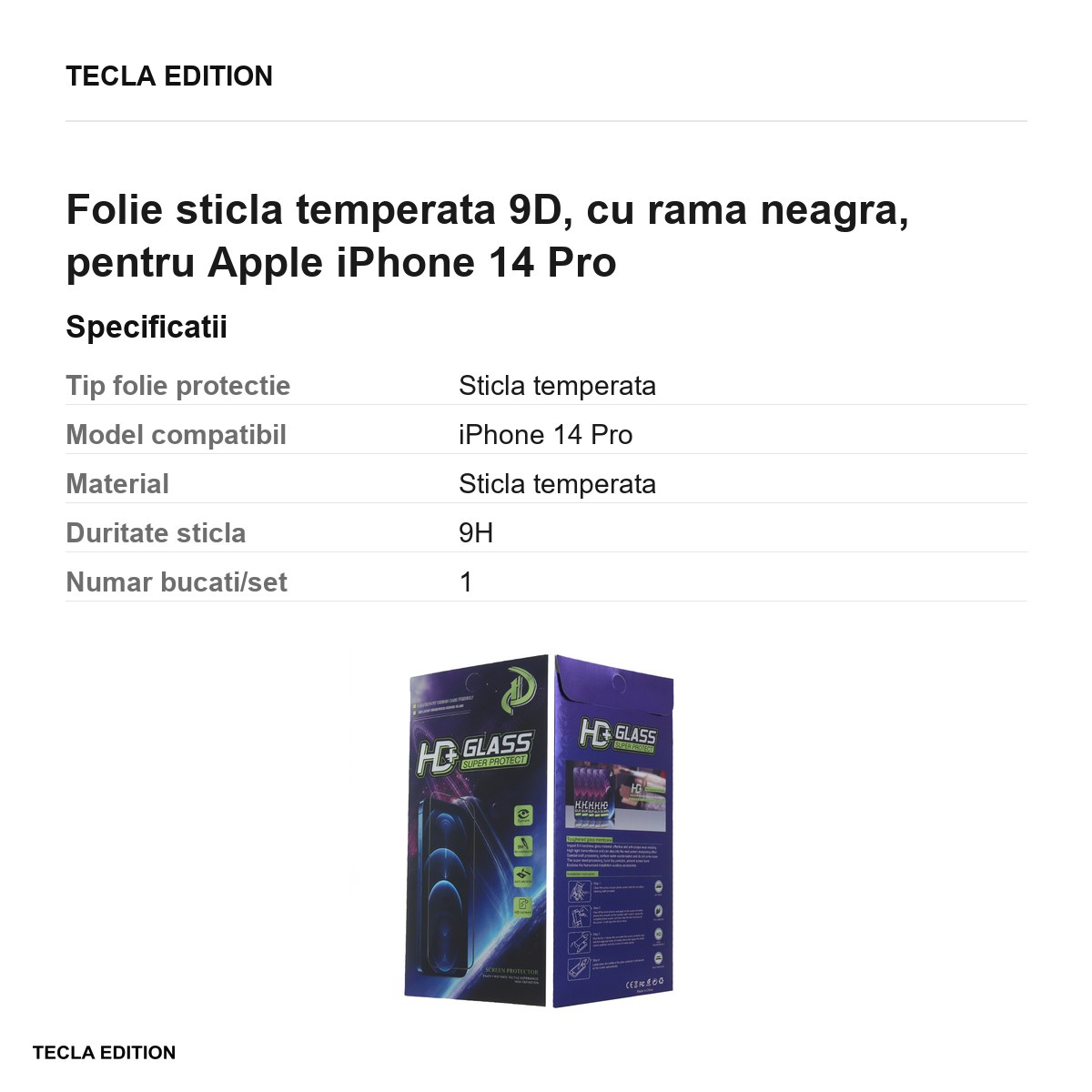 Folie sticla temperata 9D, cu rama neagra, pentru Apple iPhone 14 Pro [2]