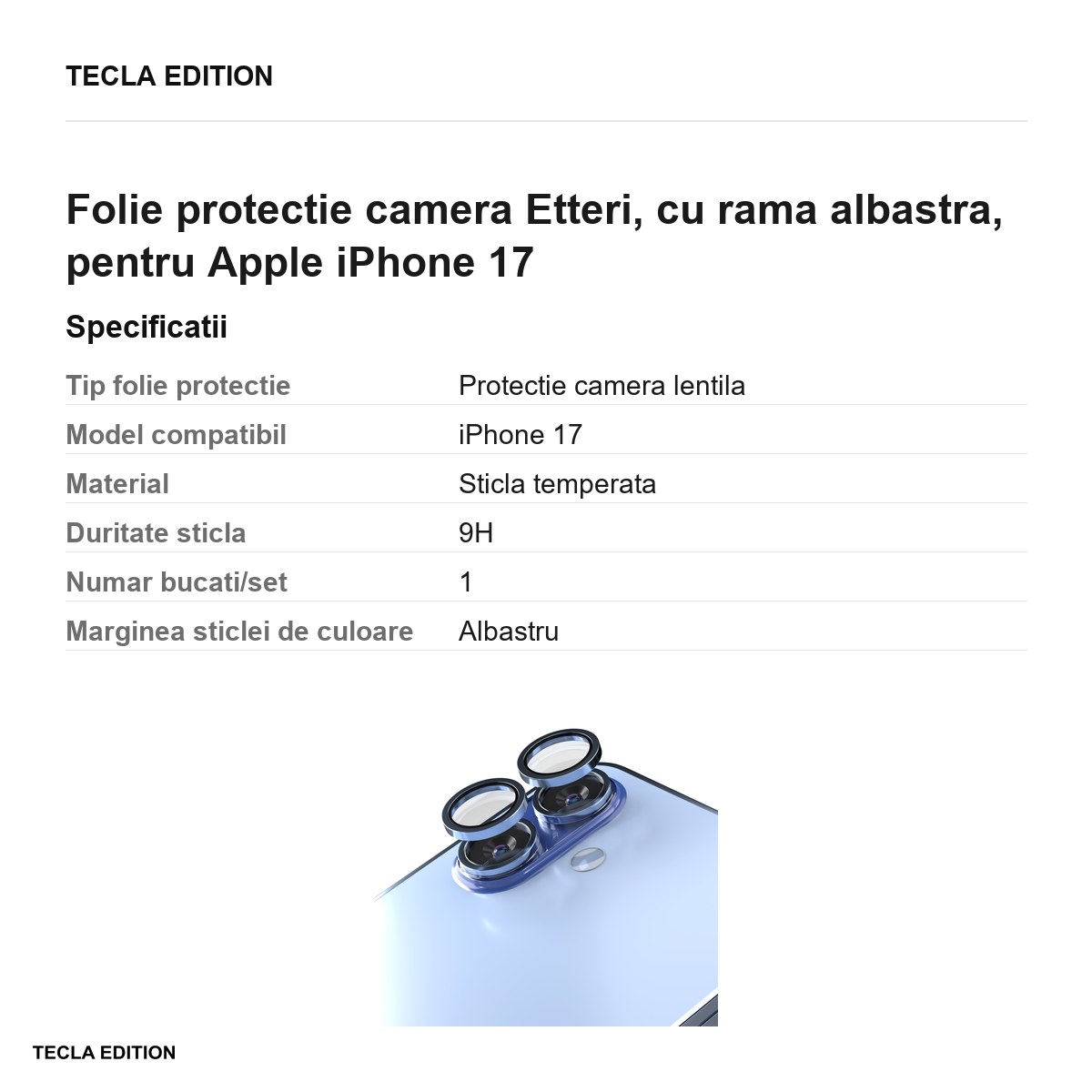 Folie protectie camera Etteri, cu rama albastra, pentru Apple iPhone 17 [2]