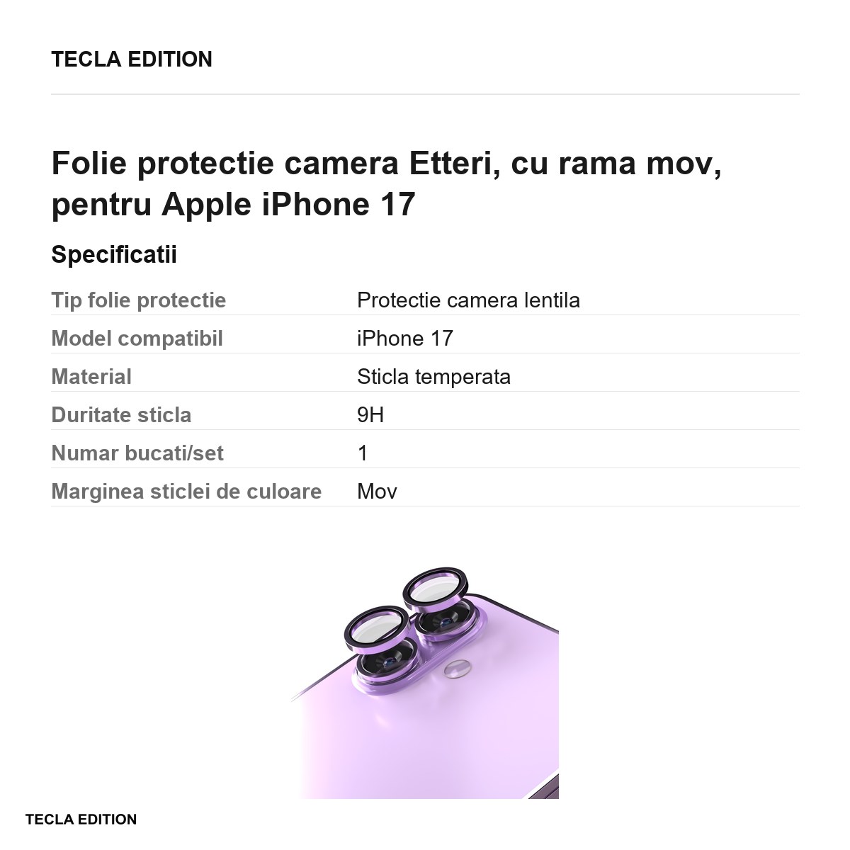 Folie protectie camera Etteri, cu rama mov, pentru Apple iPhone 17 [2]