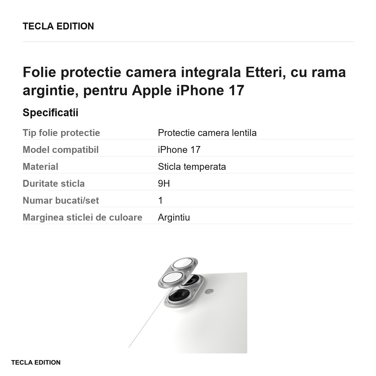 Folie protectie camera integrala Etteri, cu rama argintie, pentru Apple iPhone 17 [2]