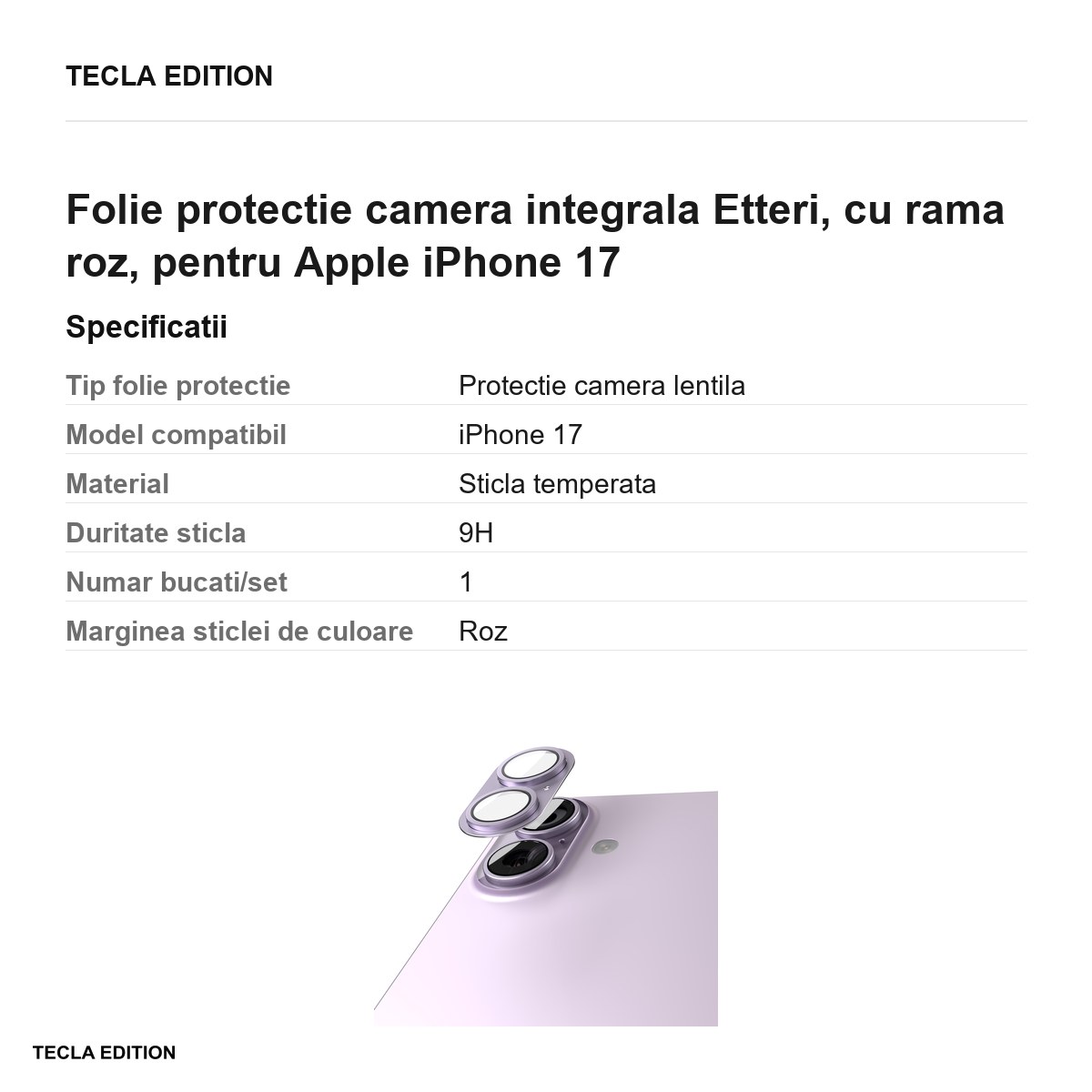 Folie protectie camera integrala Etteri, cu rama roz, pentru Apple iPhone 17 [2]