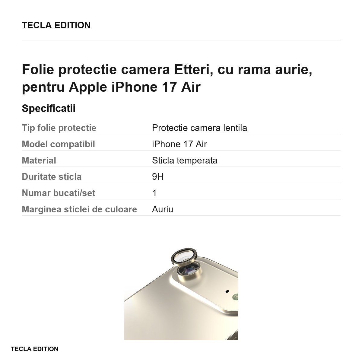 Folie protectie camera Etteri, cu rama aurie, pentru Apple iPhone 17 Air [2]