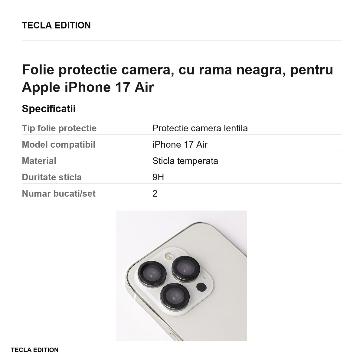 Folie protectie camera, cu rama neagra, pentru Apple iPhone 17 Air [2]