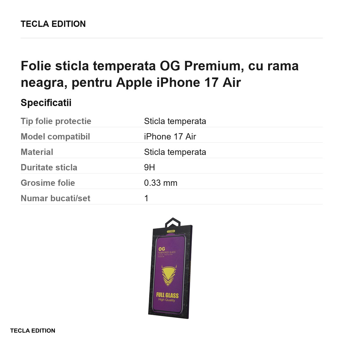 Folie sticla temperata OG Premium, cu rama neagra, pentru Apple iPhone 17 Air [2]