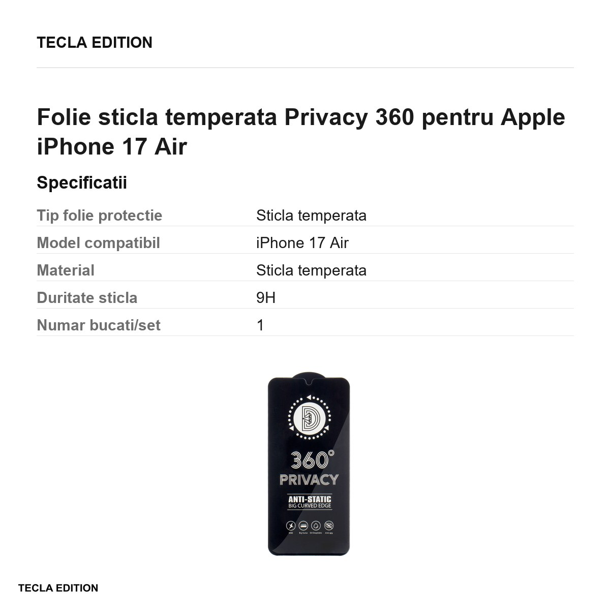 Folie sticla temperata Privacy 360 pentru Apple iPhone 17 Air [2]