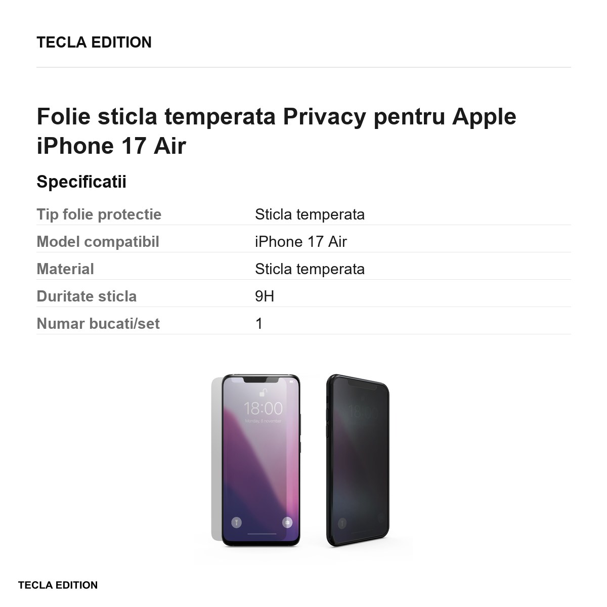 Folie sticla temperata Privacy pentru Apple iPhone 17 Air [2]