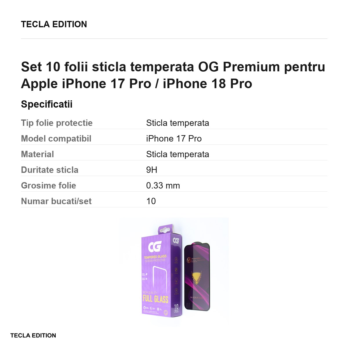 Set 10 folii sticla temperata OG Premium pentru Apple iPhone 17 Pro / iPhone 18 Pro [2]
