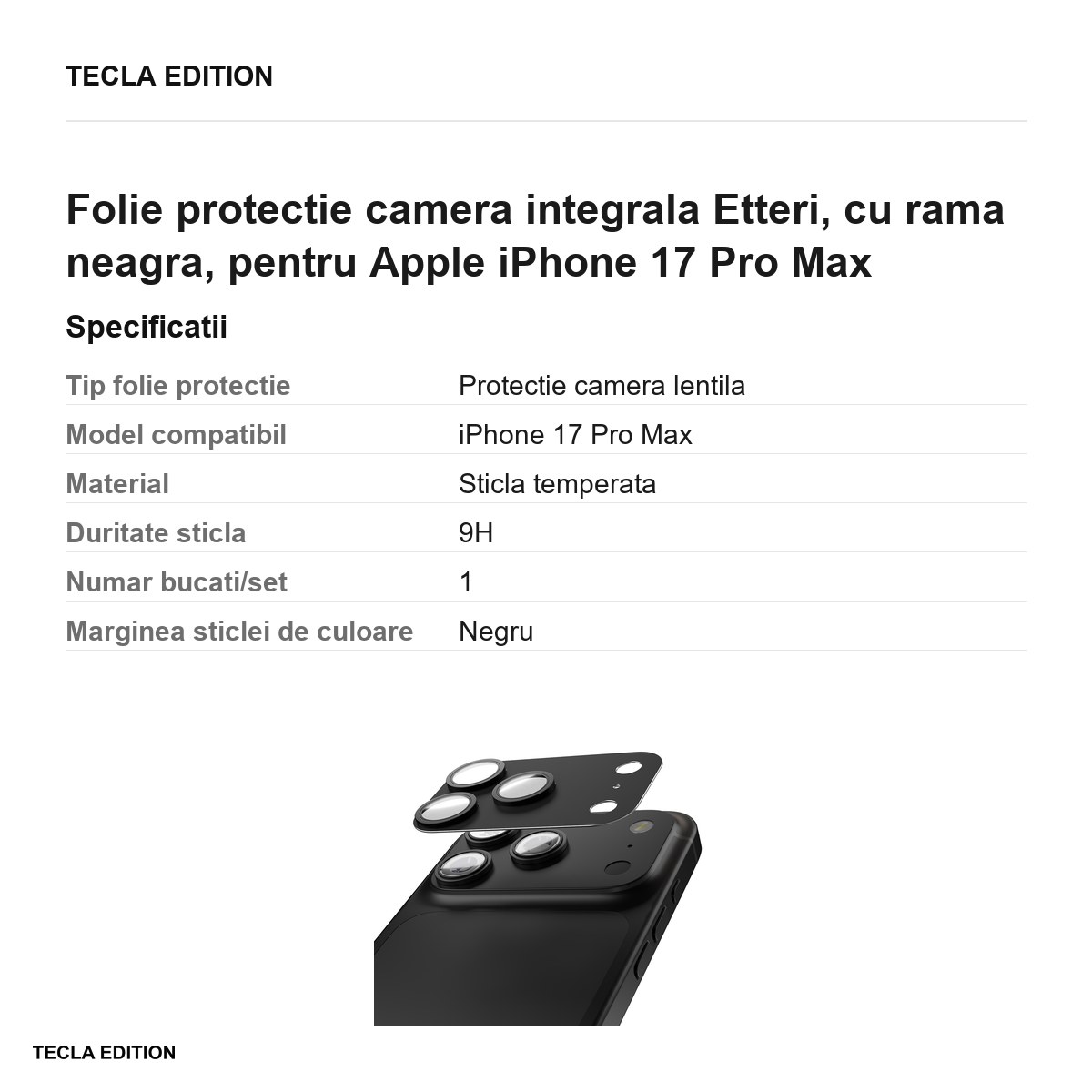 Folie protectie camera integrala Etteri, cu rama neagra, pentru Apple iPhone 17 Pro Max [2]