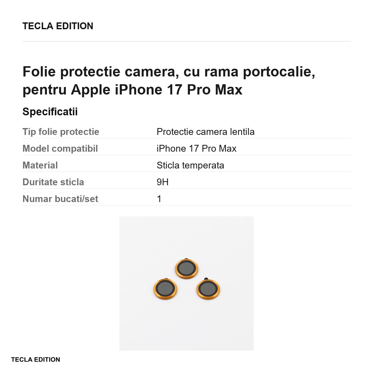 Folie protectie camera, cu rama portocalie, pentru Apple iPhone 17 Pro Max [2]