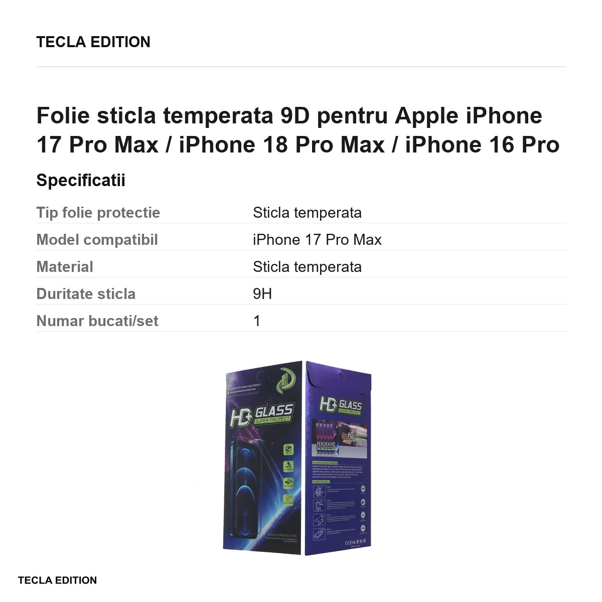 Folie sticla temperata 9D pentru Apple iPhone 17 Pro Max / iPhone 18 Pro Max / iPhone 16 Pro Max [2]