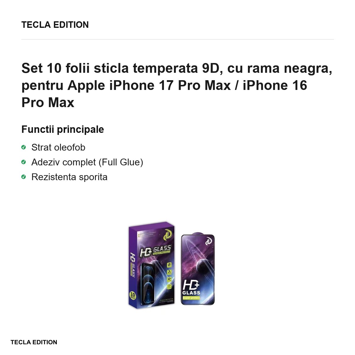 Set 10 folii sticla temperata 9D, cu rama neagra, pentru Apple iPhone 17 Pro Max / iPhone 16 Pro Max [1]