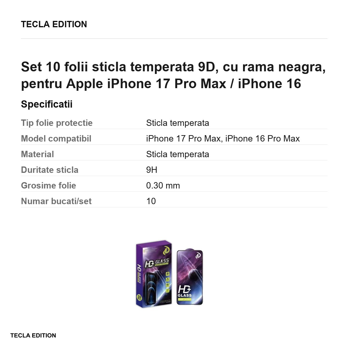 Set 10 folii sticla temperata 9D, cu rama neagra, pentru Apple iPhone 17 Pro Max / iPhone 16 Pro Max [2]