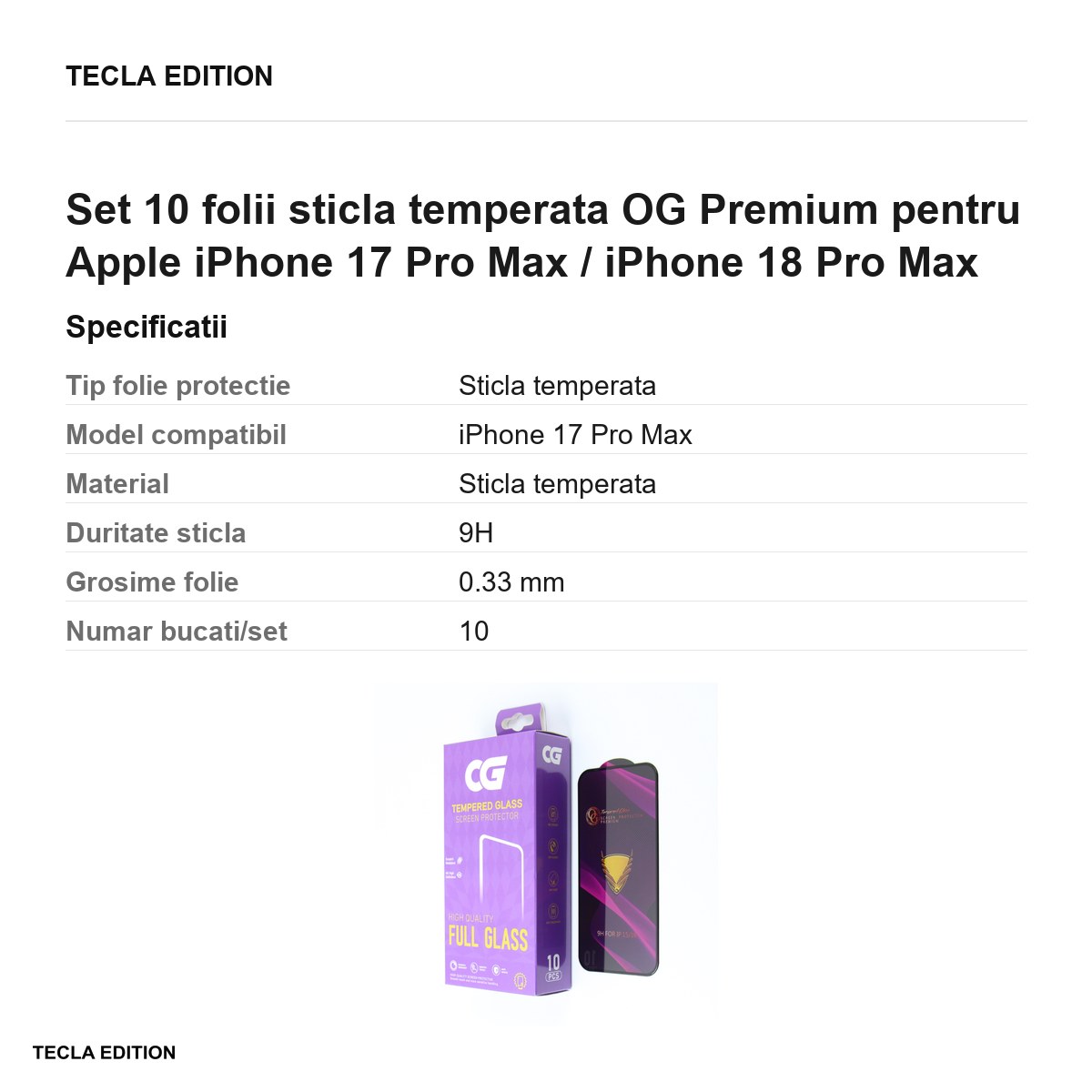 Set 10 folii sticla temperata OG Premium pentru Apple iPhone 17 Pro Max / iPhone 18 Pro Max [2]