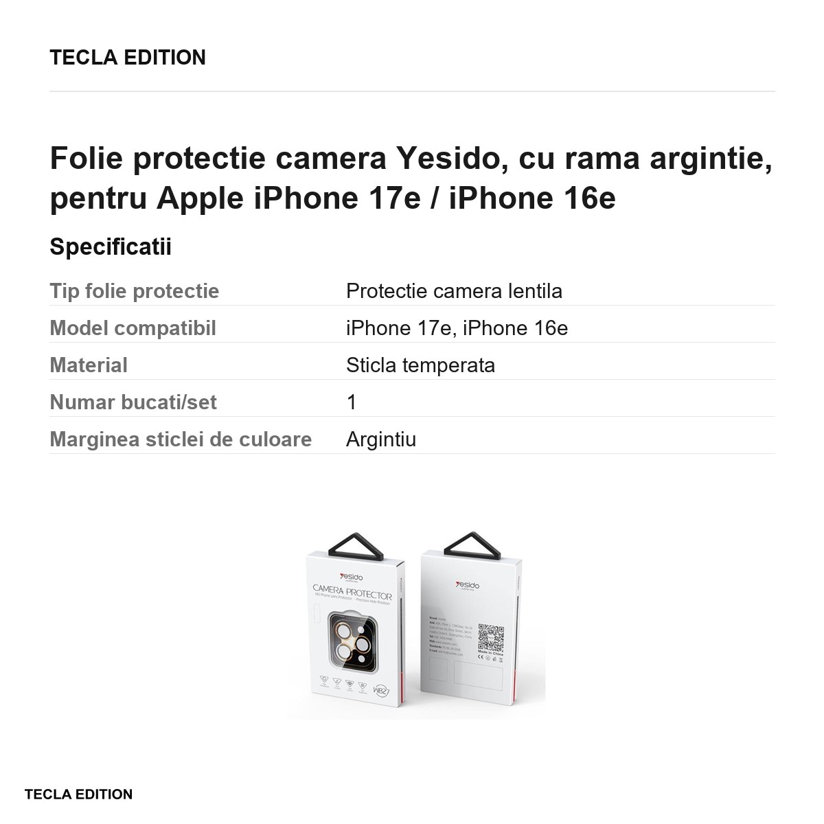 Folie protectie camera Yesido, cu rama argintie, pentru Apple iPhone 17e / iPhone 16e [2]