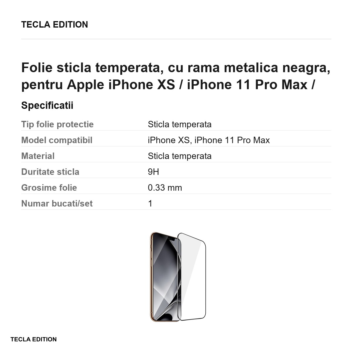 Folie sticla temperata, cu rama metalica neagra, pentru Apple iPhone XS / iPhone 11 Pro Max / iPhone XS Max [2]