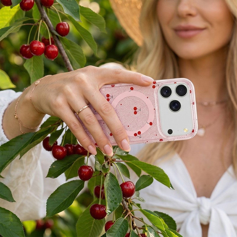 Husa Cherry Mag glitter pentru Samsung Galaxy S26 Ultra, Carcasa magnetica, decupaj mare pentru camera foto, TPU (poliuretan termoplastic), PC, Roz