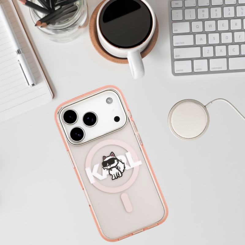 Husa Karl Lagerfeld Iml Choupette Sketch Logo pentru iPhone 17 Pro, Carcasa magnetica, Roz