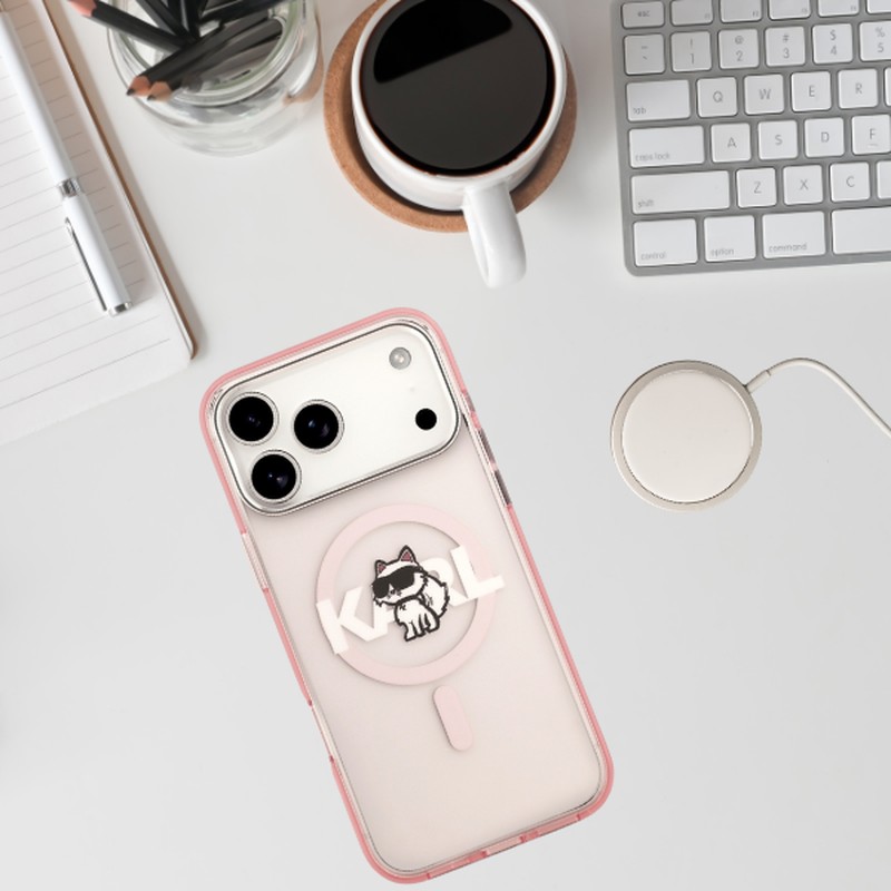 Husa Karl Lagerfeld Iml Choupette Sketch Logo pentru iPhone 17 Pro Max, Carcasa magnetica, Roz