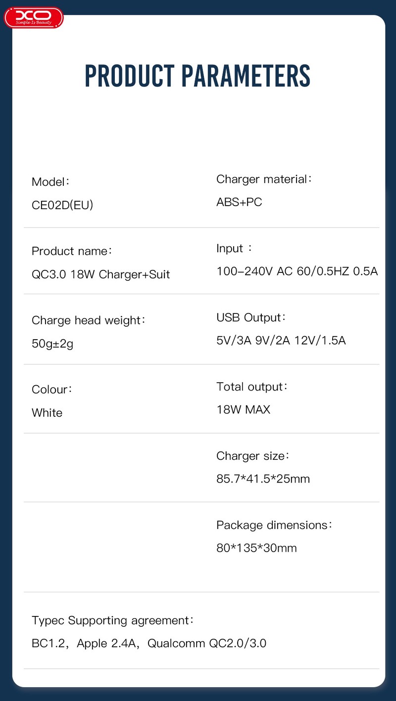 Incarcator priza XO CE02D, 18W, 1 x USB-A, Quick Charge 3.0, Alb