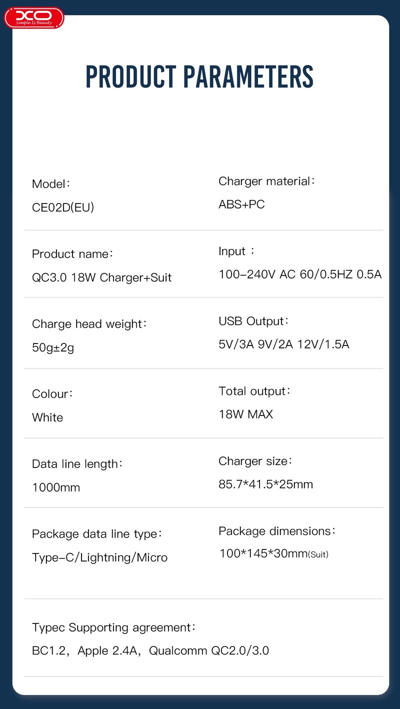 Set incarcator priza cu cablu Lightning XO CE02D, 18W, 1 x USB-A, Quick Charge 3.0, Alb