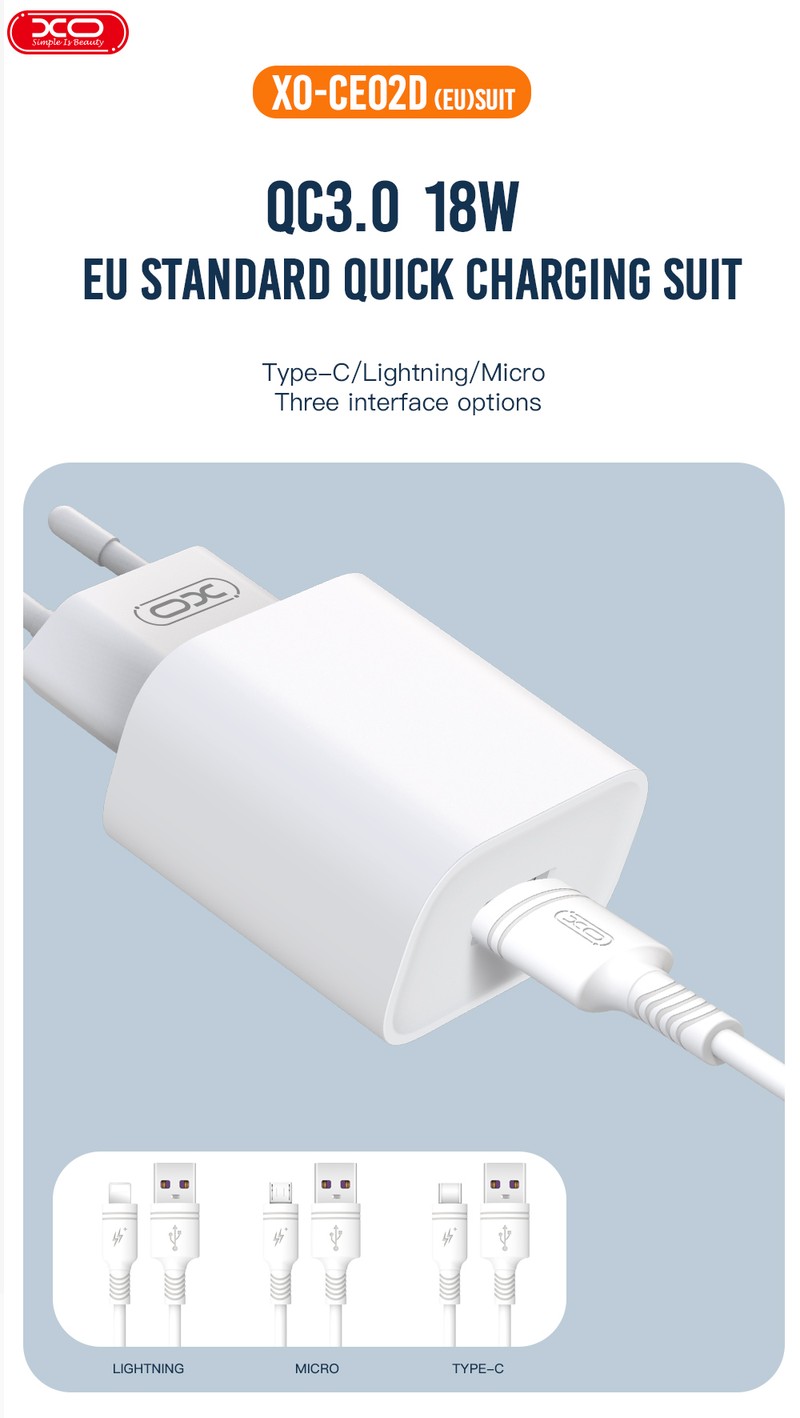 Set incarcator priza cu cablu USB-C XO CE02D, 18W, 1 x USB-A, Quick Charge 3.0, Alb