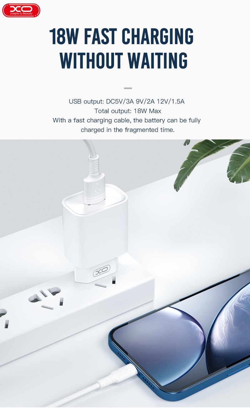 Set incarcator priza cu cablu USB-C XO CE02D, 18W, 1 x USB-A, Quick Charge 3.0, Alb