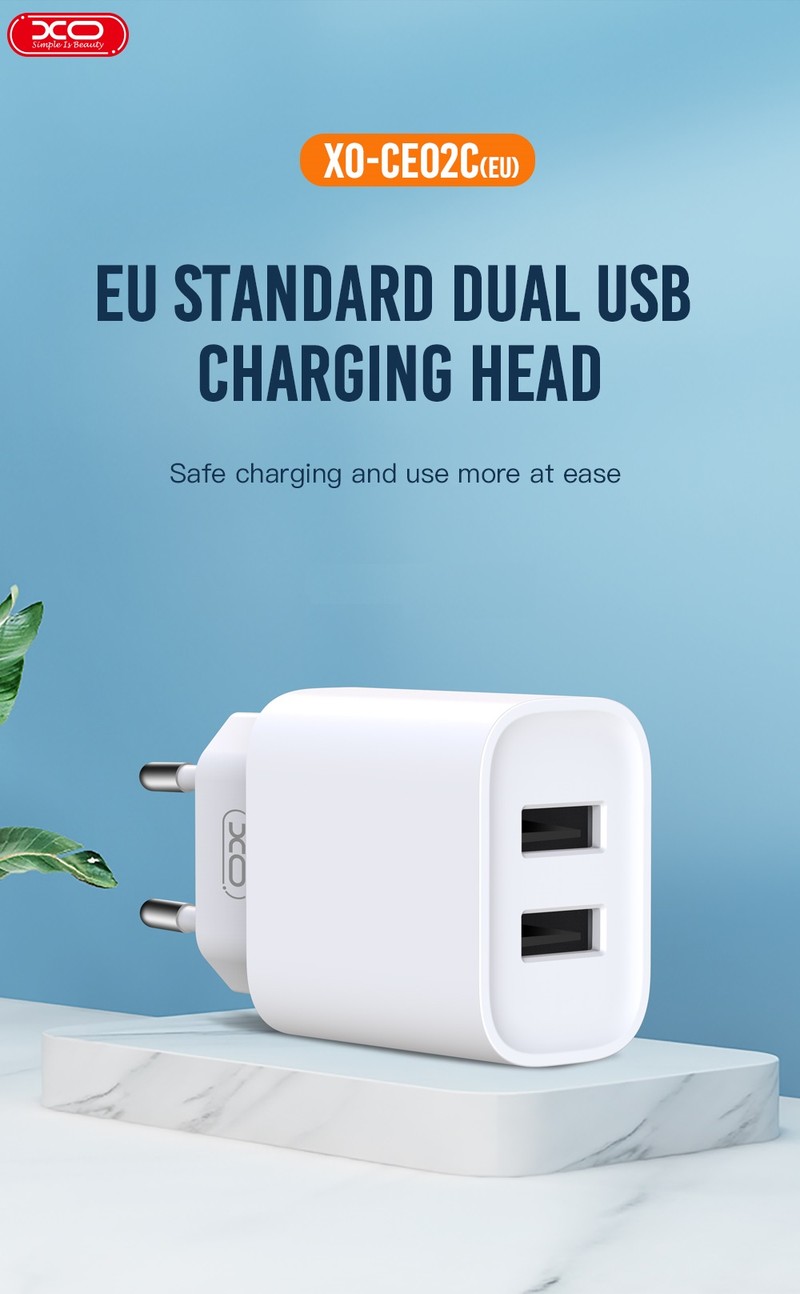 Incarcator priza XO CE02C, 2.1A, 2 x USB-A, Fast Charge, Alb