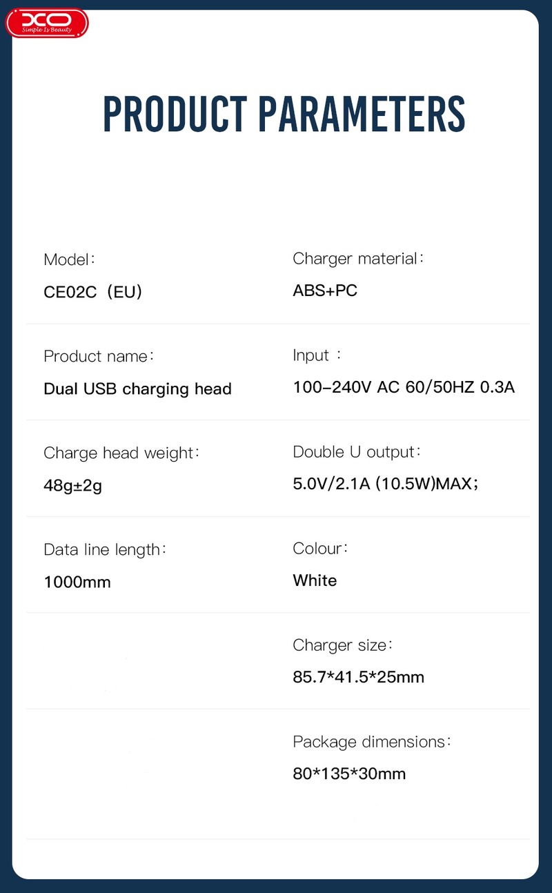 Incarcator priza XO CE02C, 2.1A, 2 x USB-A, Fast Charge, Alb