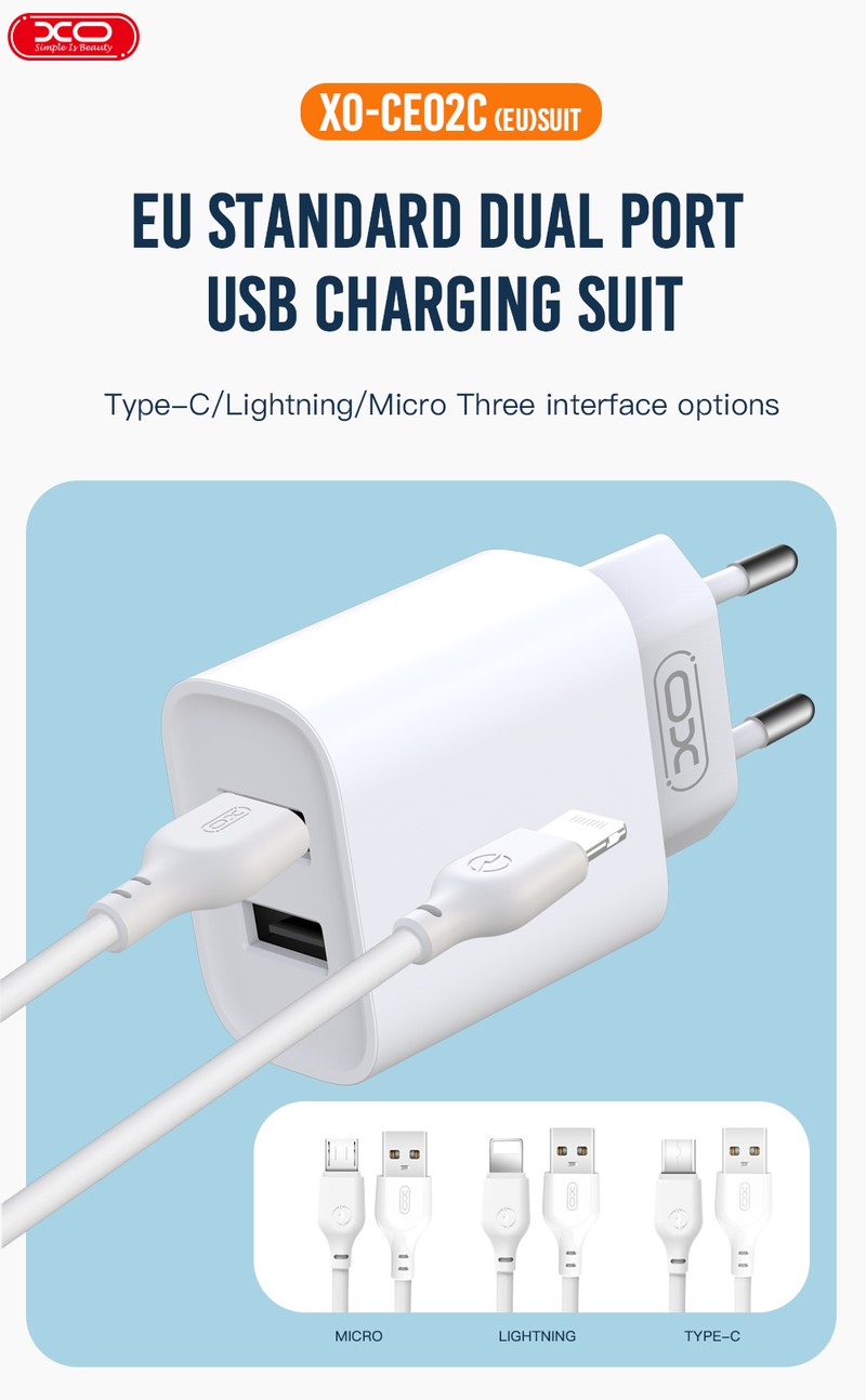 Set incarcator priza cu cablu Lightning XO CE02C, 2.1A, 2 x USB-A, Fast Charge, Alb