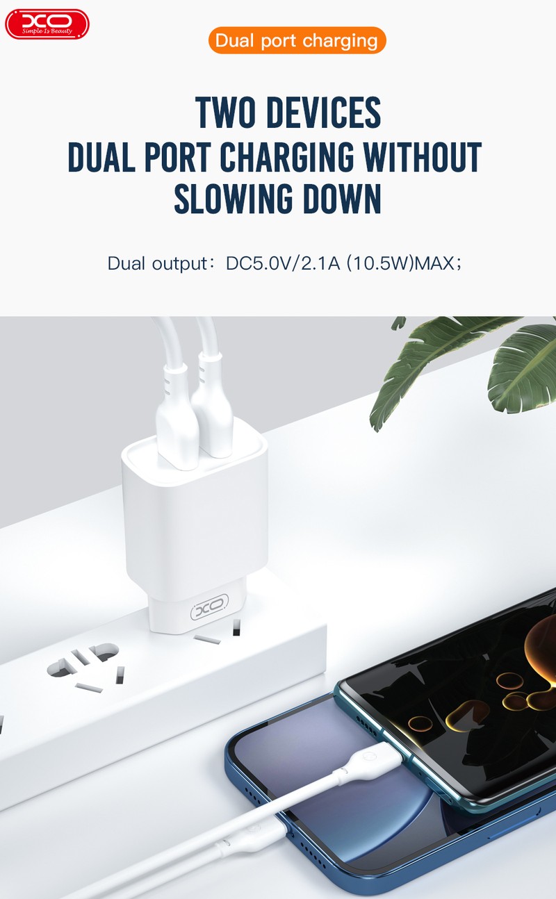 Set incarcator priza cu cablu Micro-USB XO CE02C, 2.1A, 2 x USB-A, Fast Charge, Alb