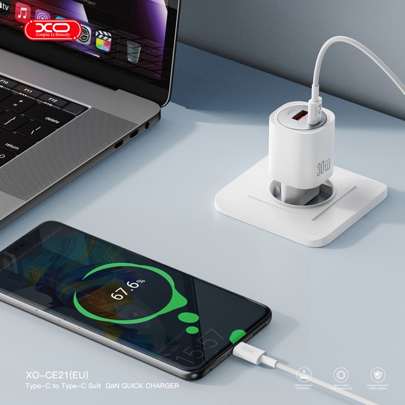 Incarcator priza XO CE21, 30W, 1 x USB-C, 1 x USB-A, Power Delivery, Alb