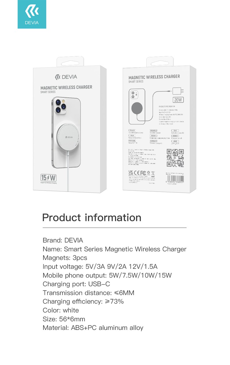 Incarcator wireless Devia Smart magnetic, 15W, Fast Charge, Alb