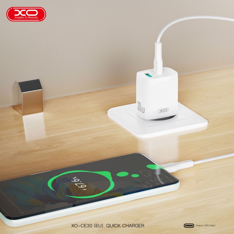 Set incarcator priza cu cablu Lightning XO CE30, 30W, 1 x USB-C, 1 x USB-A, Power Delivery, Alb
