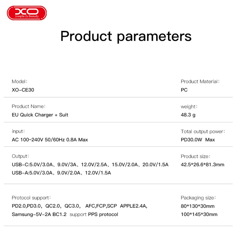 Set incarcator priza cu cablu Lightning XO CE30, 30W, 1 x USB-C, 1 x USB-A, Power Delivery, Alb