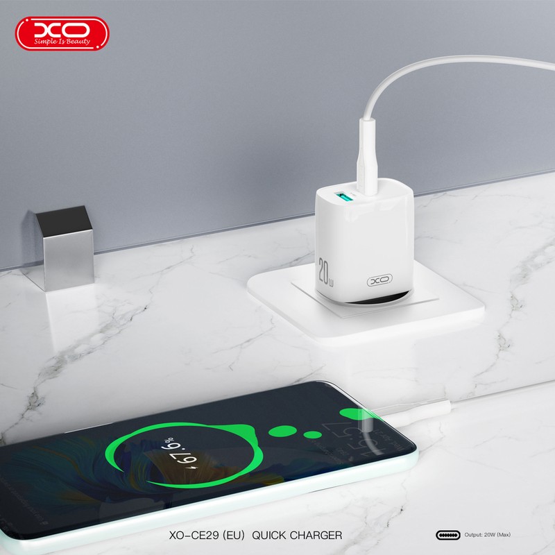 Incarcator priza XO CE29, 20W, 1 x USB-C, 1 x USB-A, Power Delivery, Alb